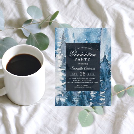 冬の水の色の森&ネイビーブルー&ホワイトの招待客 招待状