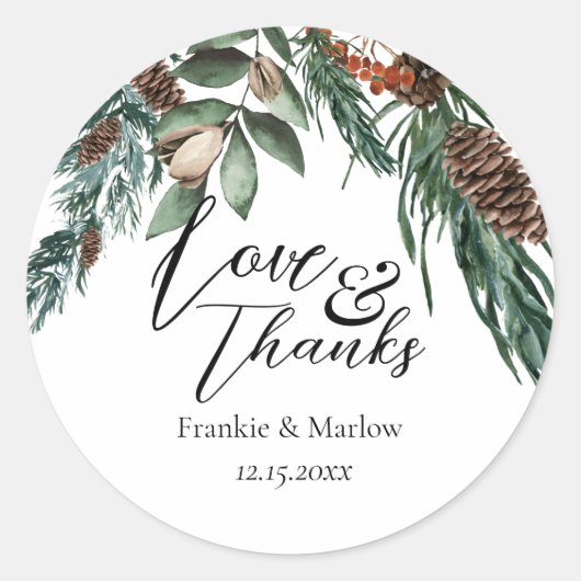 冬の水の色の緑のパインコーンベリー ラウンドシール (正面)