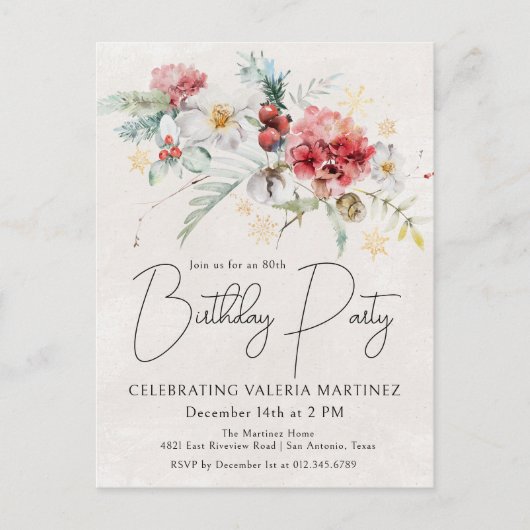 冬の水の色の花80th誕生日パーティー インビテーションポストカード (正面)