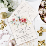 冬の水の色の花90th誕生日パーティー インビテーションポストカード<br><div class="desc">冬赤と白の水色の花は、柔らかいセージの緑の離れ花と葉の中に囲まれている。金ゴールドの雪片がフェスティバルtouchを追加。開エレガントいたシンプルらモダンして風通しの与え良い雰囲気。背中には冬のフローラの寄木箱があり、あなたの差出人住所と宇宙はあなたのイベントに関する情報をパーソナライズするために。</div>