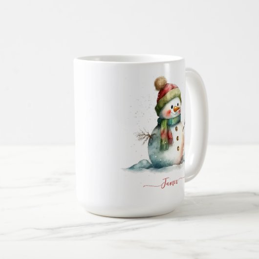 冬の水の色の雪だるまパーソナライズされたクリスマス コーヒーマグカップ (正面右)
