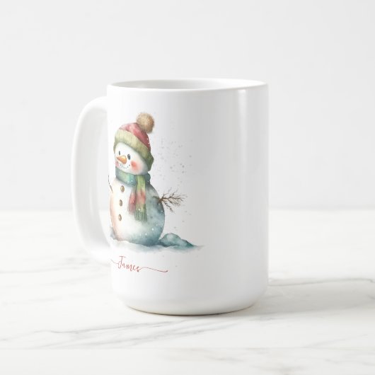 冬の水の色の雪だるまパーソナライズされたクリスマス コーヒーマグカップ (正面左)
