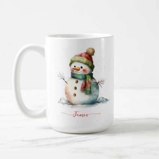 冬の水の色の雪だるまパーソナライズされたクリスマス コーヒーマグカップ (左)
