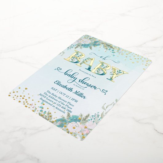 冬の水の色の青いフローラベビーシャワー 箔招待状