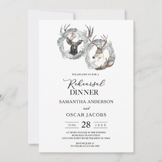 冬の水の色の鹿のリース銀 招待状 (正面)