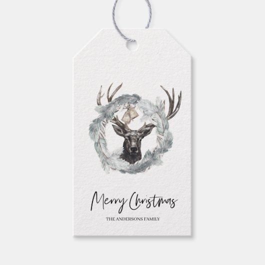 冬の水の色の鹿リースクリスマスギフトタグ ギフトタグ (正面)