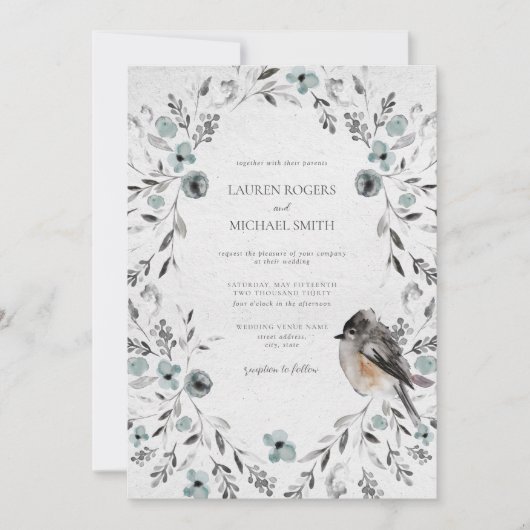 冬の水の色ほこりっぽい青いボタニカル結婚ズ 招待状 (正面)