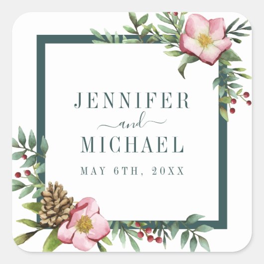 冬の水の色クリスマスバラグリーン スクエアシール (正面)