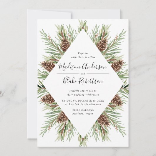 冬の水の色パインコーンフレーム結婚ズ 招待状 (正面)