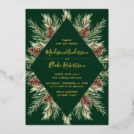 冬の水の色パインコーンフレーム結婚ズ 箔招待状