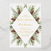 冬の水の色パインコーンフレーム結婚ズ 箔招待状 (正面)