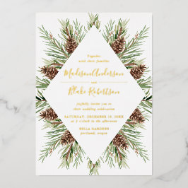 冬の水の色パインコーンフレーム結婚ズ 箔招待状