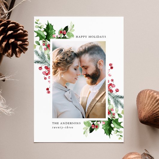 冬の水の色ホリーベリーと緑の写真 シーズンカード