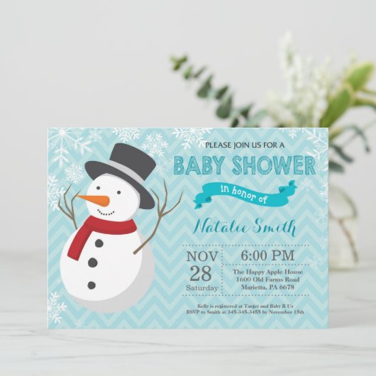 冬の水の雪だるまのベビーシャワーの招待状 招待状 (スタンド正面)