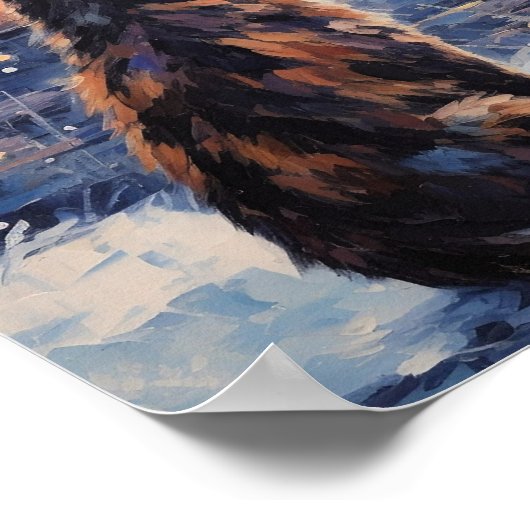 冬の水を見下ろす印象派の猫 ポスター (角)