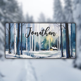 冬の水彩の森の風景 デスクマット