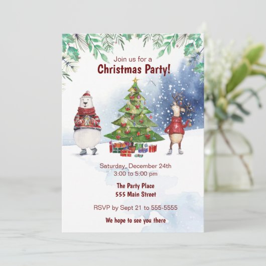 冬の水彩クリスマスツリーパーティの招待状 招待状 (スタンド正面)