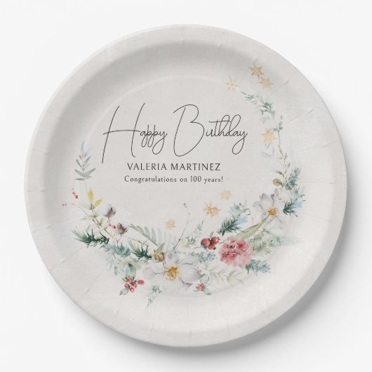 冬の水彩フラワースノーフレーク100誕生日 ペーパープレート (正面)