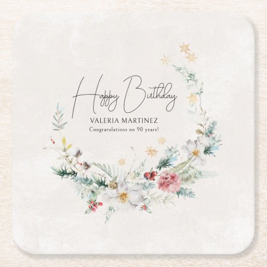 冬の水彩フラワースノーフレーク90誕生日 スクエアペーパーコースター (正面)