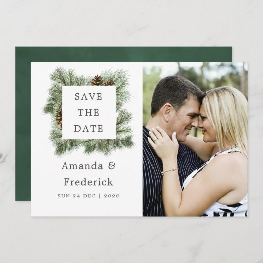 冬の水彩松の木 ウェディング・セーブ・ザ・デート セーブザデート (正面/裏面)