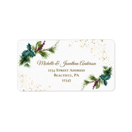 冬の水彩松の赤い漿果柊のクリスマス ラベル