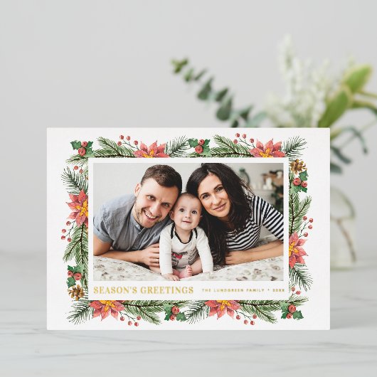 冬の水彩植物学期のご挨拶 箔シーズンカード (立ち正面)