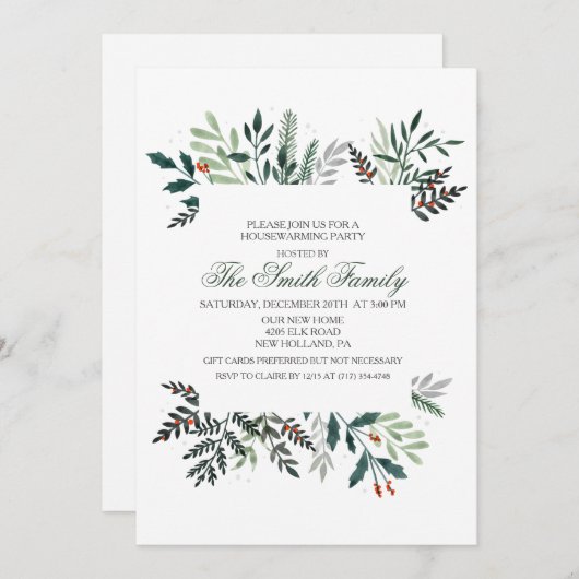 冬の水彩画の花輪　新築祝い招待状 招待状 (正面/裏面)