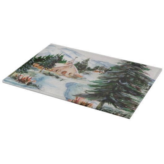 冬の水彩画山場面の国教会 カッティングボード (角)