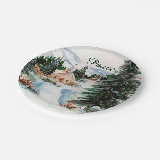 冬の水彩画山場面の国教会 ペーパープレート (アングル)