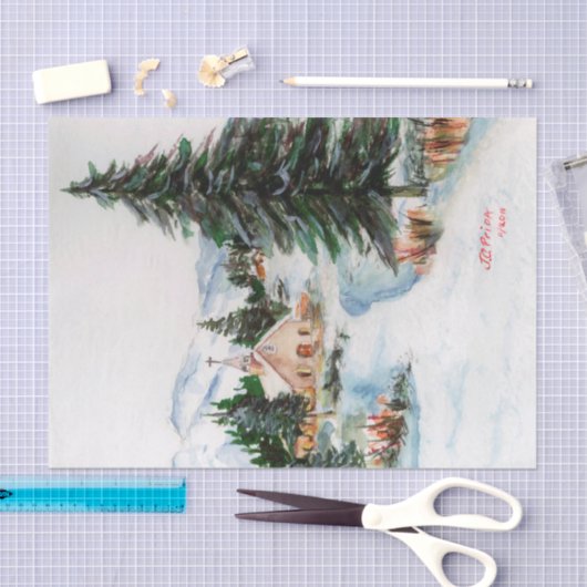 冬の水彩画山場面の国教会 薄葉紙 (クラフト)