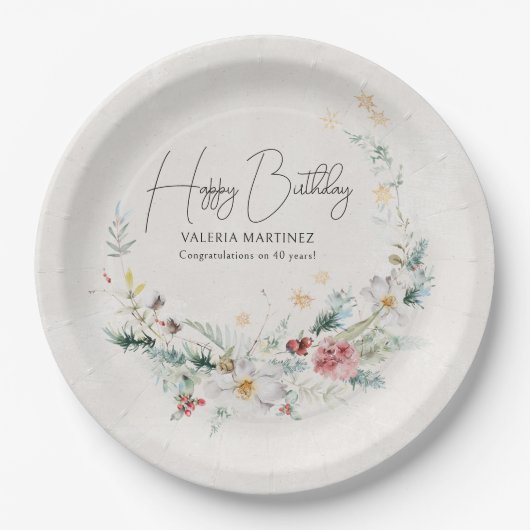 冬の水彩花スノーフレーク40th誕生日 ペーパープレート (正面)