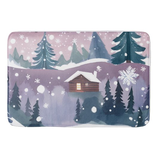 冬の水彩雪小屋 バスマット (正面)