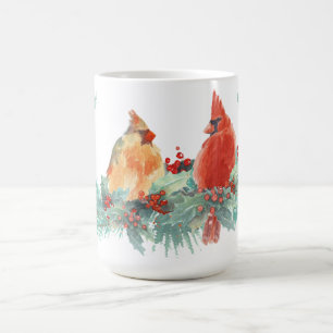 冬の水彩（鳥）ショウジョウコウカンチョウペアと柊 コーヒーマグカップ