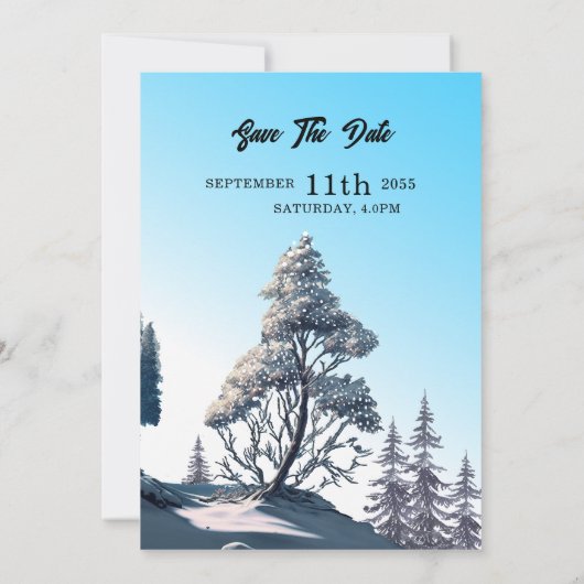 冬の水色の松の結婚カードデザイン 招待状 (裏面)