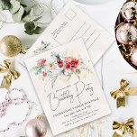 冬の水色の花40th誕生日パーティー インビテーションポストカード<br><div class="desc">冬赤と白の水色の花は、柔らかいセージの緑の離れ花と葉の中に囲まれている。金ゴールドの雪片がフェスティバルtouchを追加。開エレガントいたシンプルらモダンして風通しの与え良い雰囲気。背中には冬のフローラの寄木箱があり、あなたの差出人住所と宇宙はあなたのイベントに関する情報をパーソナライズするために。</div>