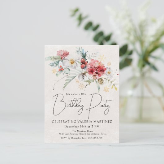 冬の水色の花40th誕生日パーティー インビテーションポストカード (スタンド正面)