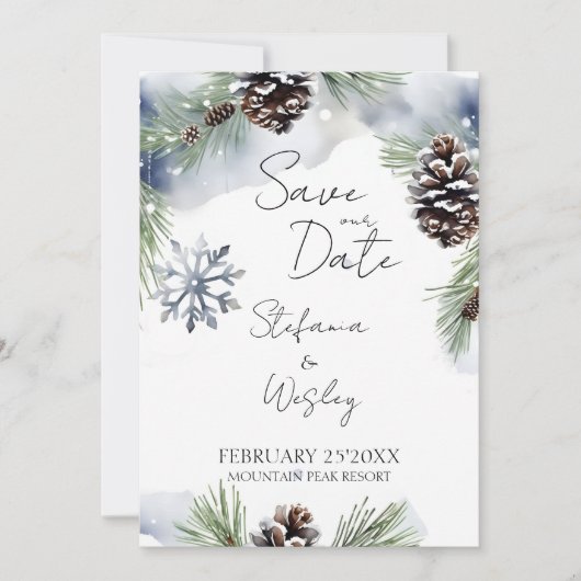 冬の水色の雪の松の写真は日付を保存 セーブザデート (正面)