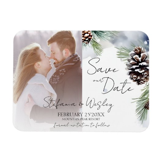 冬の水色の雪の松の写真は日付を保存 マグネット (横)