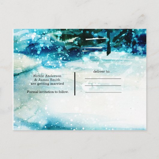 冬の水色の雪の森の松の日付を保存 案内ポストカード (裏面)