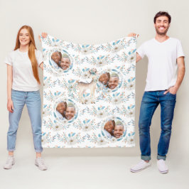 冬の水色の鹿の花ブルーPHOTO毛布 フリースブランケット