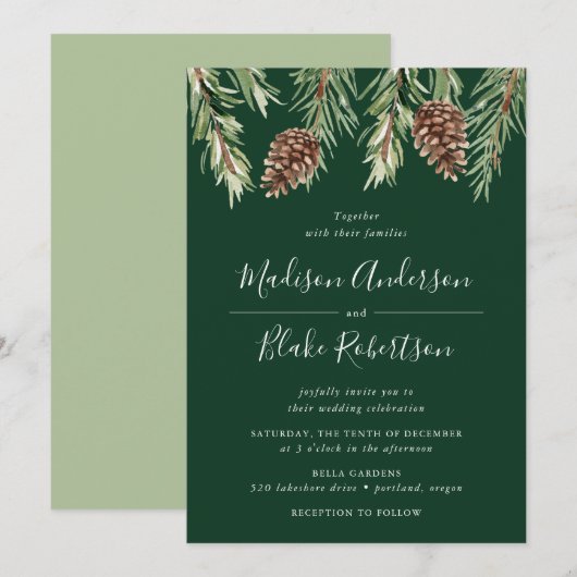 冬の水色パインコーングリーン結婚ズ 招待状 (正面/裏面)