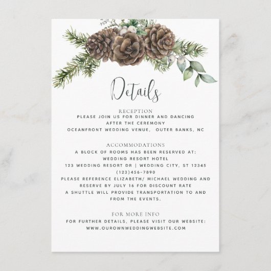 冬の水色パインコーン結婚の詳細 エンクロージャーカード (正面)