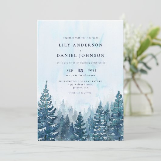 冬の水色パインツリーフォレストQRコード結婚ズ 招待状 (スタンド正面)