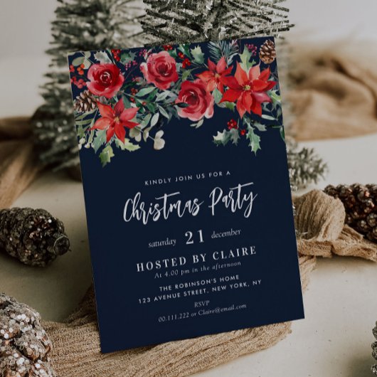 冬の水色フローラネイビーブルークリスマスパーティー 招待状