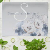 冬の水色フローラモノグラムパーソナライズされた キッチンタオル (折り畳み)