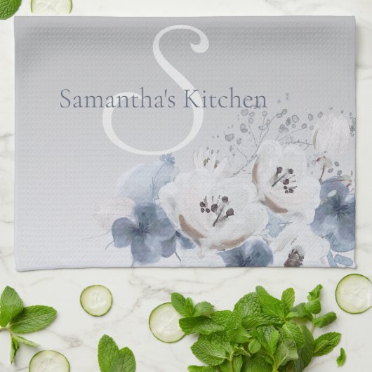 冬の水色フローラモノグラムパーソナライズされた キッチンタオル (折り畳み)