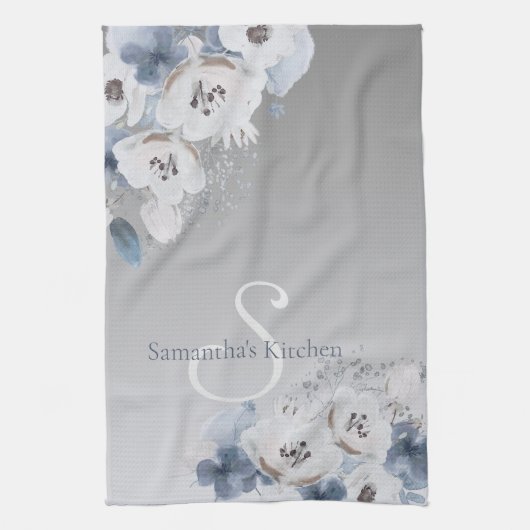 冬の水色フローラモノグラムパーソナライズされた キッチンタオル (縦)