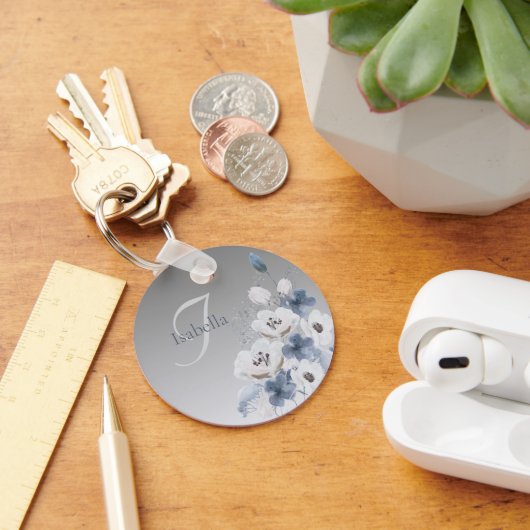 冬の水色フローラモノグラムパーソナライズされた キーホルダー (デスク)