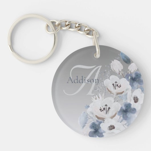 冬の水色フローラモノグラムパーソナライズされた キーホルダー (正面)