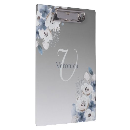 冬の水色フローラモノグラムパーソナライズされた クリップボード (右)
